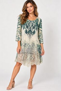 NWT Cal Style Boho Tunic Dress Teal Green Ivory Floral Lace Embellished Size L